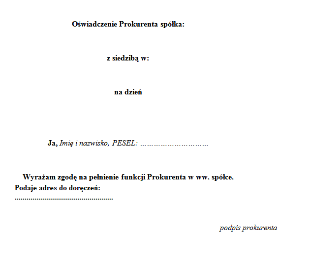 Oświadczenie o wyrażeniu zgody na pełnienie funkcji Prokurenta ze wskazaniem adresu
