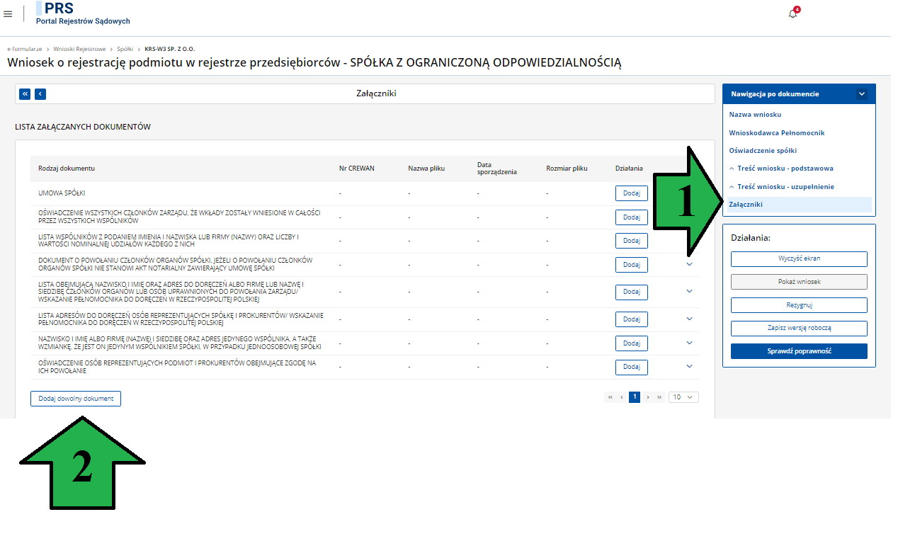 Jak dodać dowolny dokument jako załącznik do wniosku o wpis spółki do rejestru w systemie PRS?