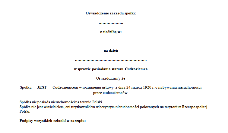 Oświadczenie czy spółka jest Cudzoziemcem - wzór